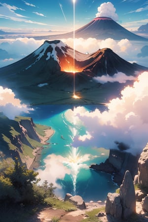 1 island, volcano, train, garden, hot air balloon, waves, Peter Pan flying and escaping in the air, clear sky, lush trees, colorful flowers, detailed rocks, white steam from volcano, blue ocean, golden sunlight, dynamic clouds, wide-angle view, best quality, masterpiece