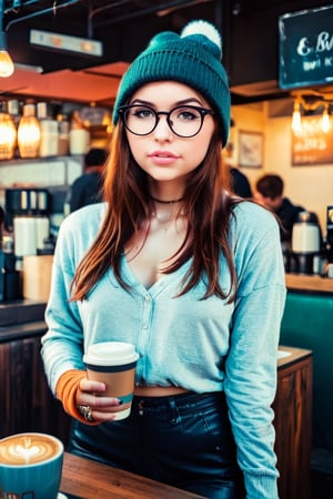 ((masterpiece, best quality)), absurdres, (Photorealistic 1.2), sharp focus, highly detailed, top quality, Ultra-High Resolution, HDR, 8K, epiC35mm, film grain, moody photography, (color saturation:-0.4), lifestyle photography, bryo-xl, bryo, cya

a photo of a hipster girl in the style of franck-bohbot,  21 years old, glasses, portrait, beanie, having coffee in a hipster coffee shop,hipster girl,sophieemuddX, cleavage,