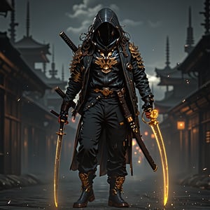 a futuristic, cyberpunk-style warrior standing with a katana in hand. The figure is dressed in a dark, hooded jacket with gold accents, resembling a modern-day samurai. The warrior's face is mostly obscured by long dreadlocks and the hood. He carries another sword sheathed on his back, giving the impression of a dual-wielding fighter. The character's attire is a mix of traditional samurai elements and modern urban fashion, with loose pants and combat boots.

Golden lights and glowing particles float around the figure, creating a mysterious and intense atmosphere. The background is dark and hazy, with what appear to be pagoda-style towers in the distance, contributing to the blend of ancient and futuristic themes. The overall vibe of the image is gritty and intense, with a focus on the lone warrior and his deadly precisionek_game_3ffect,ek_ges1ba,ek_ge1frt,ek_ge1tng,ek_gm,ek_ct4k,ek_g4k,ek_real_b00ster