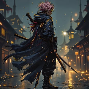 side ve of a futuristic, cyberpunk-style warrior standing with a katana in hand. The figure is dressed in a dark, baggy hooded jacket with gold accents, resembling a modern-day samurai. The warrior's face is mostly obscured by long dreadlocks and the hood. He carries another sword sheathed on his back, giving the impression of a dual-wielding fighter. The character's attire is a mix of traditional samurai elements and modern urban fashion, with loose pants and combat boots.

Golden lights and glowing particles float around the figure, creating a mysterious and intense atmosphere. The background is dark and hazy, with what appear to be pagoda-style towers in the distance, contributing to the blend of ancient and futuristic themes. The overall vibe of the image is gritty and intense, with a focus on the lone warrior and his deadly precisionek_game_3ffect,ek_ges1ba,ek_ge1frt,ek_ge1tng,ek_gm,ek_ct4k,ek_g4k,ek_real_b00ster,Anime Style,zzYor, black hair, red eyes,short hair with long locks,FluxGothicRealnime,Anime style,Manga style,Anime style,yuuji_itadori,pink hair,brown eyes,undercut,spiked hair