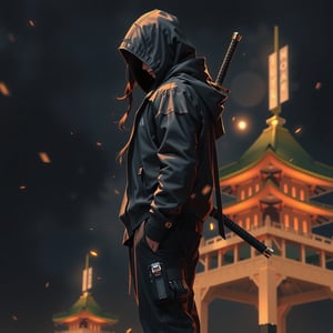 side ve of a futuristic, cyberpunk-style warrior standing with a katana in hand. The figure is dressed in a dark, baggy hooded jacket with gold accents, resembling a modern-day samurai. The warrior's face is mostly obscured by long dreadlocks and the hood. He carries another sword sheathed on his back, giving the impression of a dual-wielding fighter. The character's attire is a mix of traditional samurai elements and modern urban fashion, with loose pants and combat boots.

Golden lights and glowing particles float around the figure, creating a mysterious and intense atmosphere. The background is dark and hazy, with what appear to be pagoda-style towers in the distance, contributing to the blend of ancient and futuristic themes. The overall vibe of the image is gritty and intense, with a focus on the lone warrior and his deadly precisionek_game_3ffect,ek_ges1ba,ek_ge1frt,ek_ge1tng,ek_gm,ek_ct4k,ek_g4k,ek_real_b00ster,Anime Style,zzYor, black hair, red eyes,short hair with long locks,FluxGothicRealnime