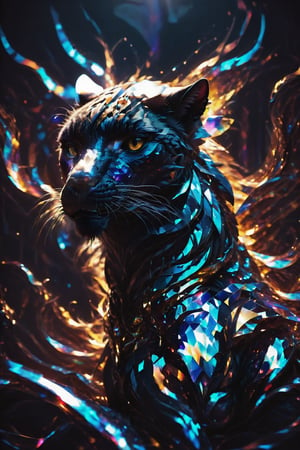 A panther whose skin is made of mirrors reflecting shadows and lights, evoking mystery and elegance in the darkness.