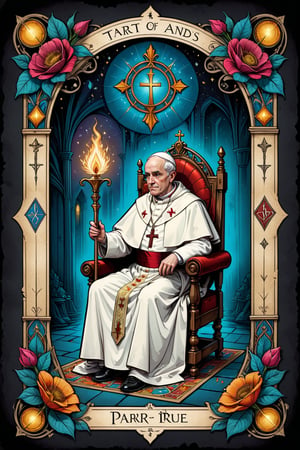 || Tarot card wit art deco frame, an ink drawing, a digital painting of the Priest - the pope, with crown and staff sitting on his throne with two monks looking up to him -, decorative flowers ||  pen and ink, liquid ink, best quality, double exposure, vintage triadic colors, realistic artstyle, stylized urban fantasy artwork, stunning digital illustration, stylized urban fantasy artwork, beautiful digital illustration, mysterious and detailed image, in the style of Craola, Dan Mumford, Andy Kehoe, 2d, flat, vintage, cracked paper art, patchwork, detailed storybook illustration, cinematic, ultra highly detailed, mystical, luminism, vibrant colors, complex background,tarot card,comic book,on parchment,aw0k straightsylum, pen and ink, liquid ink, best quality, double exposure, vintage triadic colors, (tarot card:1.2), realistic artstyle, stylized urban fantasy artwork, stunning digital illustration, stylized urban fantasy artwork, beautiful digital illustration, mysterious and detailed image, in the style of Craola, Dan Mumford, Andy Kehoe, 2d, flat, vintage, cracked paper art, patchwork, detailed storybook illustration, cinematic, ultra highly detailed, mystical, luminism, vibrant colors, complex background,tarot card,comic book,on parchment