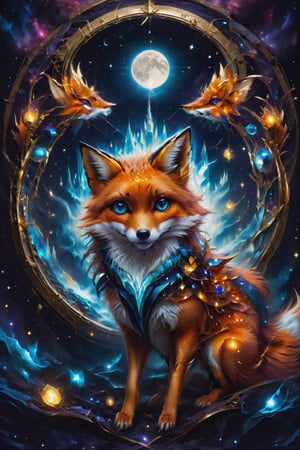 A fox with eyes surrounded by mirrors that capture the light of the moon and stars, representing cunning and magic in the night.