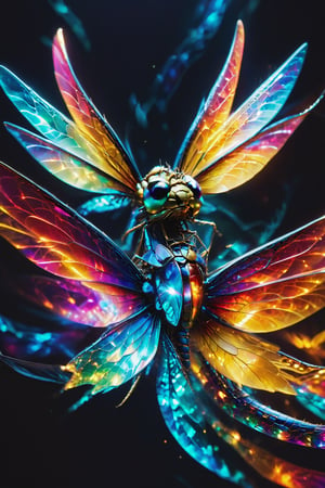 A dragonfly floating over rivers of light, its crystalline wings refracting light into spectrums of color, representing freedom and ephemeral beauty.