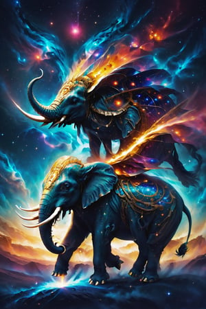 An elephant whose body is composed of mirages of shooting stars, evoking strength and connection to the cosmos.