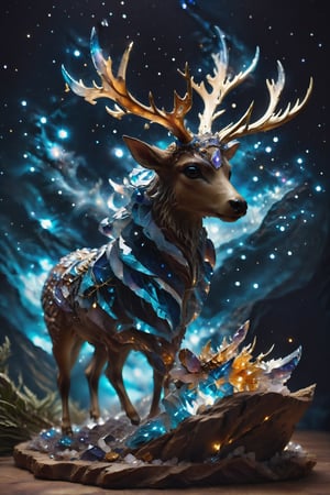 A deer with antlers carved in quartz that captures starlight, representing connection to the celestial and nature.