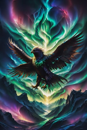 An eagle soaring under the northern lights, its piercing gaze enveloped in shifting lights, symbolizing vision and spiritual acuity.