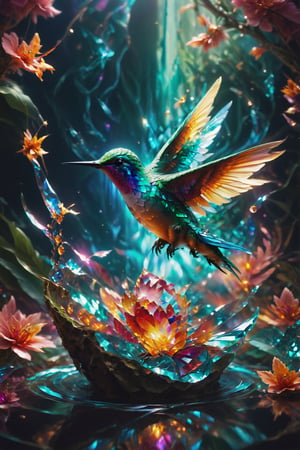 This hummingbird emits flashes of light as if fluttering among floating crystal gardens, symbolizing the delicacy and fleeting beauty of nature.