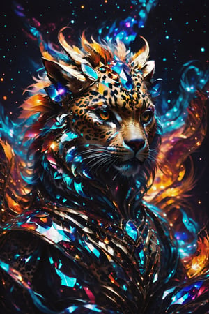 A leopard with fur made of mirrors reflecting starlight, symbolizing elegance and nocturnality.