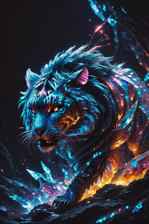 The quartz tiger walking in the darkness of night, its crystalline fur emitting flashes that reveal its powerful presence in the twilight.