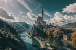 (masterpiece), large medival castle, castle, palace, Majestic castle, stone walls, lush landscape, blue flowers, full bloom, vibrant color, background_sky, river, high towers with flags, gothic style, soft shadows, rugged castle, gentle beauty,bird 's-eye view,Ultra details++ ,Nature,xuer dreamy landscapes,ancient