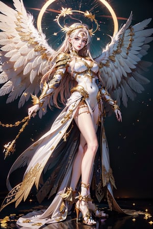 triumphant angel girl, roccoco irridescent fallen angel, cute young angel girl, long hair, white large wings, paradise, angel beaty, beatiful, 8k, oktavian render, high quality, masterpiece, dynamic pose, hot girl, praising, dark background, nimb, cinemathic scene, shiny,DonMM1y4XL,An angel , an angel wearing gold and silver crystal armor, heaven background, glowing halo around head, golden hair, white feathered wings,| centered| key visual | intricate| highly detailed| breathtaking beauty| precise lineart| vibrant| comprehensive cinematic, dynamic pose, best quality, 8k, golden hour,angel_wings