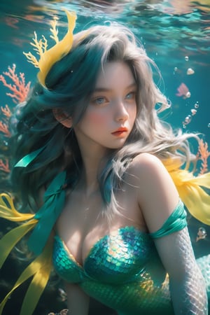 beautiful hot sexy mermaid,  detailed young girl face, yellow eyes, emerald hair with yellow ribbons, swim, breast, long hair, octane render, cinematic, 8K, hot lips, atmospheric, epic composition, Volumetric lighting, Cinematic of mermaid, small_nose, cute tail, (范冰冰), realistic artwork, high detailed, professional, full body photo of a transparent porcelain cute creature looking at viewer, with glowing backlit panels, anatomical plants, deep ocean coral garden, grainy, shiny, with vibrant colors, colorful, ((realistic skin, glow,)) surreal objects floating, ((floating:1.4)), contrasting shadows, photographic, niji style, 1girl, xxmixgirl, FilmGirl, aura_glowing, colored_aura, Movie Still, final_fantasy_vii_remake, ((big_breast:1.3))
