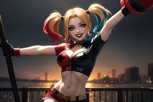 CARTOON_harley_quinn_rebirth_ownwaifu,
Harley Quinn, 
young girl, 
dynamic pose,
beautiful, 
dark background, 
madness smile, 
pretty eyes, 
two-tone hair,
multicolored hair,
blonde hair,
makeup,
twintails,
shorts,
masterpiece,
best quality,
ultra detailed, 
8k,
cinematic light,
highly detailed, 
scenery,
pose,
solo,
looking at viewer,