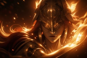 golden ratio, fighting dance, masterpiece, best quality, fantasy, intricate, illustration, color correction, appropriate lighting settings, harmonious composition,
soft lighting, specular lighting, 
extremely detailed, hyper detailed, realistic, sharp focus, hd, 8k, 
1girl, malenia blade of miquella, perfect face, red long hair, covered eyes, winged helmet, golden helmet,
dynamic pose, looking at viewer, hand sword,
dark background, golden particles effect, red flames of rot, close, light particles