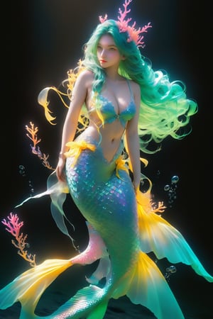 beautiful hot sexy mermaid,  detailed young girl face, yellow eyes, emerald hair with yellow ribbons, swim, breast, long hair, octane render, cinematic, 8K, hot lips, atmospheric, epic composition, Volumetric lighting, Cinematic of mermaid, small_nose, cute tail, (范冰冰), realistic artwork, high detailed, professional, full body photo of a transparent porcelain cute creature looking at viewer, with glowing backlit panels, anatomical plants, deep ocean coral garden, grainy, shiny, with vibrant colors, colorful, ((realistic skin, glow,)) surreal objects floating, ((floating:1.4)), contrasting shadows, photographic, niji style, 1girl, xxmixgirl, FilmGirl, aura_glowing, colored_aura, Movie Still, final_fantasy_vii_remake, ((big_breast:1.3))