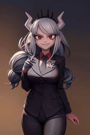 luciferdef, white long hair, formal, suit, black jacket, red shirt, black necktie, white gloves, black pants,luciferapron, black apron, smirking, kinky smile, chill, relax, big eyes, boss, high status, looks down on viewer,
detailed,
golden ration,
perfect girl.
looking at viewer,
ilustration,
masterpiece, 
highly detailed,
with ink brushstrokes in the background,
stunning image,  
elegant, 
dramatic, 
bold, 
intense, 
detailed, 
eye-catching,
dark background, 
3DMM,
