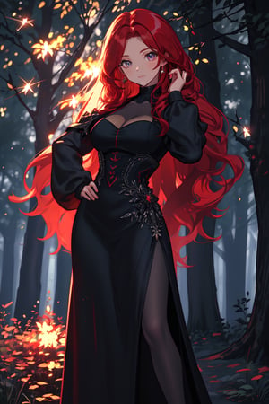 hot mature girl, sexy outfit, dark elegandtdress, long red hair, in a forest at night, darkness background with fireflies illuminate the night creating magical flashes, high quality, high resolution, high precision, realism, color correction, appropriate lighting settings, harmonious composition, masterpiece, dynamic pose, detailed, 8k, sexy full body