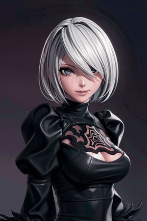 1girl, happy, smile, yorha no. 2 type b ,2B Nier Automata, white hair, beautiful detailed eyes, perfect detailed body, bright skin colors, maiden black outfit, sending a flying kiss, dynamic pose, sexy pose, tight clothing, torso view only, photo taken from the front, masterpiece, best quality, 8k, detailed colors,illustration (hyper detailed, brightness: 1.4), detailed, golden ration, perfect girl. looking at viewer, ilustration, masterpiece, highly detailed, with ink brushstrokes in the background, stunning image, elegant, dramatic, bold, intense, detailed, eye-catching, dark background, 3DMM,yorha no.2 type b