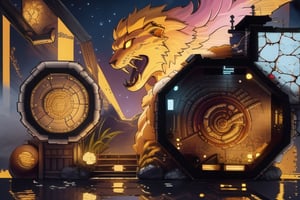 A majestic Japanese temple rises from the misty garden, its intricate architecture illuminated by vibrant colored lights. A golden lion statue sits regally at the entrance, while cyberpunk elements subtly integrate with ancient design. The 3D model's textured walls and ornate details are framed against a starry night sky, as seen from above. In this futuristic yet harmonious setting, monsa and RPG map converge in a masterpiece of contrasting styles.