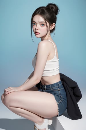 score_9, (Masterpiece), (best quility), (perpect anatomy), UHD, vivid colors, color enhanced filter, 8K, more detail, ultra high_resolution, (torso shot), blank_background, 1girl, ((She looks like Elle fanning, eyes look like Mila kunis)), emerald-eyes, 30yo, ((updo bun hair)), symmetrical eyes, ((long legs)), (slender), (thicc), well-proportioned body, Balenciaga brand outfit, shirts, skirts