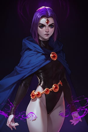 score_9, score_8_up, score_7_up, dark background, lineart, ravendc, 1girl, solo, black leotard, sleeves, grey skin, forehead jewel, dark blue cloak, belt, purple hair, cowboy_shot, purple magic, shadows
