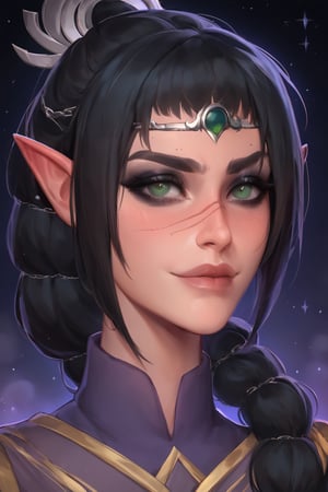 score_9, score_8_up, score_7_up, 1girl, 4RCH0N, dark background with a moon, bust portrait, shadowheart, elf ears, selunite, armored, scar on face, black hair, fringe, green eyes, braided ponytail, circlet, dark eyeshadow, staring_at_viewer, soft smile, blushing
