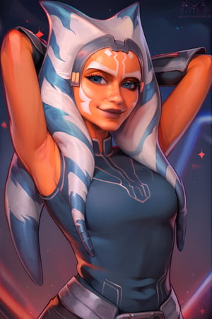 score_9, score_8_up, score_7_up, 4RCH0N, more detail XL, star wars background, AhsS7, grey headband, Outfit1, blue shirt, sleeveless, vambraces, fingerless gloves, half body portrait, soft smile, hands behind head, looking_at_viewer, upshot
