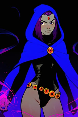 score_9, score_8_up, score_7_up, dark background, purple magic, glow, lineart, ravendc, 1girl, solo, black leotard, grey skin, forehead jewel, dark blue hooded cloak, belt, purple hair, cowboy_shot, shadows
