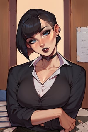 score_9, score_8_up, score_7_up, more detail XL, 4RCH0N, 1girl, goth, office_lady, black hair, short hair, fringe, fit, head tilt, freckles, looking_at_viewer, portrait
