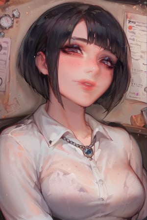 score_9, score_8_up, score_7_up, more detail XL, 4RCH0N, 1girl, goth, office_lady, black hair, short hair, fringe, fit, head tilt, freckles, looking_at_viewer, portrait, cropped
