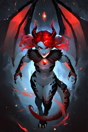 score_9, score_8_up, score_7_up, rating_safe, 1girl, fit, solo, dragon girl, black scales, grey skin, elf ears, looking_at_viewer, red gem, red eyes, red hair, hair bangs, horns, wings, tail, claws, dark background, light_particles, action pose, above view, foreshortening
