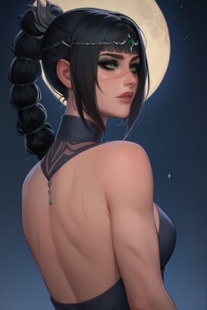 score_9, score_8_up, score_7_up, 1girl, 4RCH0N, dark background with a moon, constrast, shadowheart, selunite, scar on face, black hair, fringe, green eyes, braided ponytail, circlet, dark eyeshadow, fit
