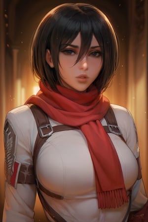 score_9, score_8_up, score_7_up, 1girl, solo, more detail XL, 4RCH0N, light_particles, blurred background, Mikasa Ackerman, red scarf, fit, portrait, puffy lips, looking_at_viewer
