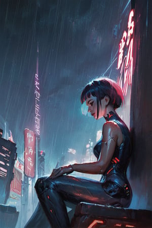 score_9, score_8_up, score_7_up BREAK more detail XL, oil painting, concept art, realistic BREAK neon lights, cyberpunk city at night, woman sitting against the wall, fringe, hair bangs, rain, dramatic angle, artificial limbs, sleeveless, sleek suit, motion blur, looking down
