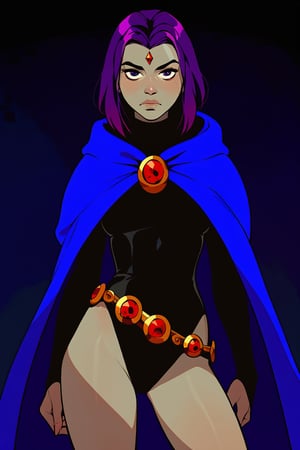 score_9, score_8_up, score_7_up, dark artistic background, lineart, ravendc, 1girl, solo, black leotard, grey skin, forehead jewel, dark blue cloak, belt, purple hair, cowboy_shot, shadows, posing
