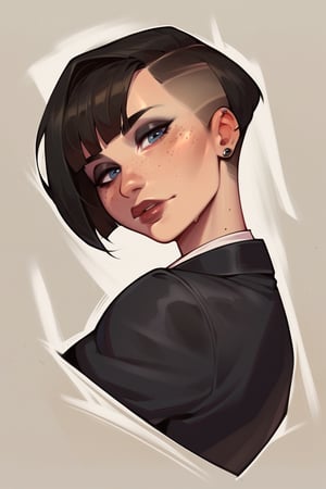 score_9, score_8_up, score_7_up, more detail XL, 4RCH0N, 1girl, goth, office_lady, black hair, short hair, fringe, fit, head tilt, freckles, looking_at_viewer, portrait, cropped
