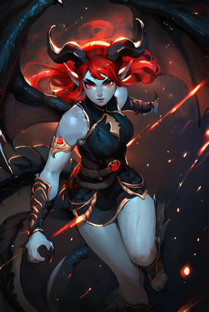 score_9, score_8_up, score_7_up, rating_safe, 1girl, fit, solo, dragon girl, black scales, grey skin, elf ears, looking_at_viewer, red eyes, red hair, hair bangs, horns, wings, tail, claws, dark background, light_particles, action pose, above view, foreshortening
