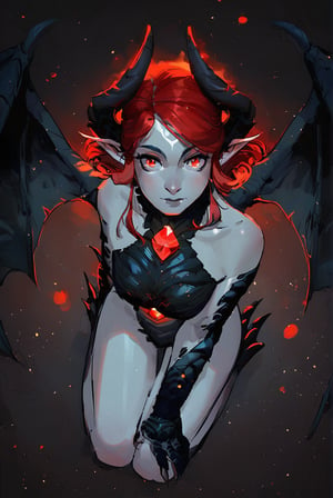 score_9, score_8_up, score_7_up, rating_safe, 1girl, fit, solo, dragon girl, black scales, grey skin, elf ears, looking_at_viewer, red gem, big red eyes, red hair, hair bangs, horns, wings, tail, claws, dark background, light_particles, kneeling, above view
