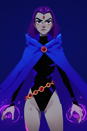 score_9, score_8_up, score_7_up, dark background, purple magic, glow, lineart, ravendc, 1girl, solo, black leotard, grey skin, forehead jewel, dark blue cloak, belt, purple hair, cowboy_shot, shadows
