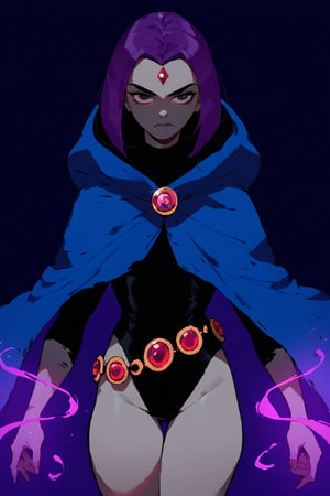 score_9, score_8_up, score_7_up, Nyantcha style , dark background, purple magic, glow, lineart, ravendc, 1girl, solo, black leotard, grey skin, forehead jewel, dark blue hooded cloak, belt, purple hair, cowboy_shot, shadows
