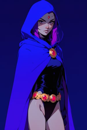 score_9, score_8_up, score_7_up, lineart, ravendc, dark background, 1girl, solo, black leotard with long sleeves, grey skin, forehead jewel, dark blue hood cloak, belt, purple hair, cowboy_shot, shadows, posing, looking_at_viewer
