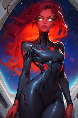 score_9, score_8_up, score_7_up, more detail XL, 4RCH0N, rating_safe, spaceship, galaxy, alien_girl, red skin, slit pupils, black bodysuit, long hair, white eyes, glowing, fit
