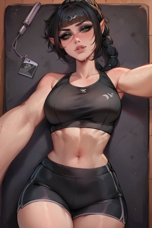 score_9, score_8_up, score_7_up, 4RCH0N, 1girl, gym, shadowheart, scar on face, black hair, fringe, green eyes, braided ponytail, pointy ears, fit, black shorts, black crop top, dark eyeshadow, pov selfie
