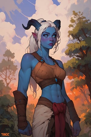 score_9, score_8_up, score_7_up, more detail XL, thick lineart, cloudy sky with trees on horizon, solo, tiefling, blue skin, white hair, horns, fit, blue eyes, freckles, white hair, ponytail, light armor, cowboy_shot
