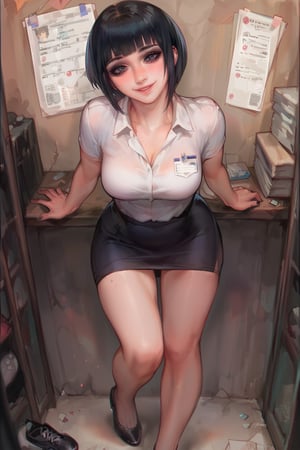 score_9, score_8_up, score_7_up, more detail XL, 1girl, goth, office suit, skirt, black hair, short hair, fringe, fit, head tilt, freckles, looking_at_viewer, leaning_forward, soft smile, fit, full_body