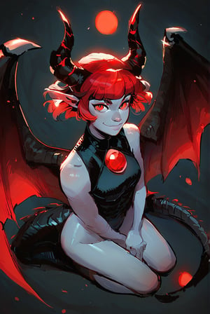 score_9, score_8_up, score_7_up, rating_safe, 1girl, fit, solo, dragon girl, black scales, grey skin, elf ears, looking_at_viewer, red gem, smile, big red eyes, short red hair, hair bangs, horns, wings, tail, dark background, kneeling, above view
