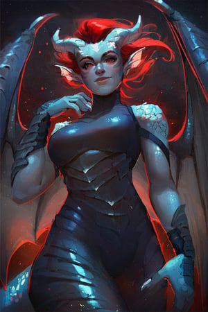 score_9, score_8_up, score_7_up, rating_safe,1girl, fit, solo, cowboy shot, dragon girl, scales, grey skin, skintight armor, skin markings, looking_at_viewer, soft smile, red eyes, red hair, horns, wings, tail, claws, dark background, light_particles, dust_particles, below view 