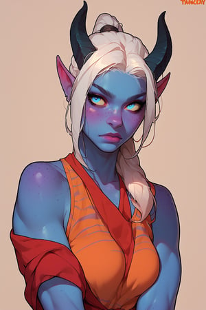 score_9, score_8_up, score_7_up, more detail XL, thick lineart, solo, tiefling, blue skin, white hair, horns, fit, blue eyes, freckles, white hair, ponytail, tail
